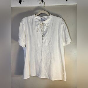 Carole Little 100% Linen Blouse  Peasant Top Linen Covered Buttons Short Sleeve